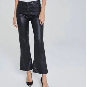 AG BLACK LEATHERETTE QUINNE HIGH RISE CROP KICK FLARE JEANS